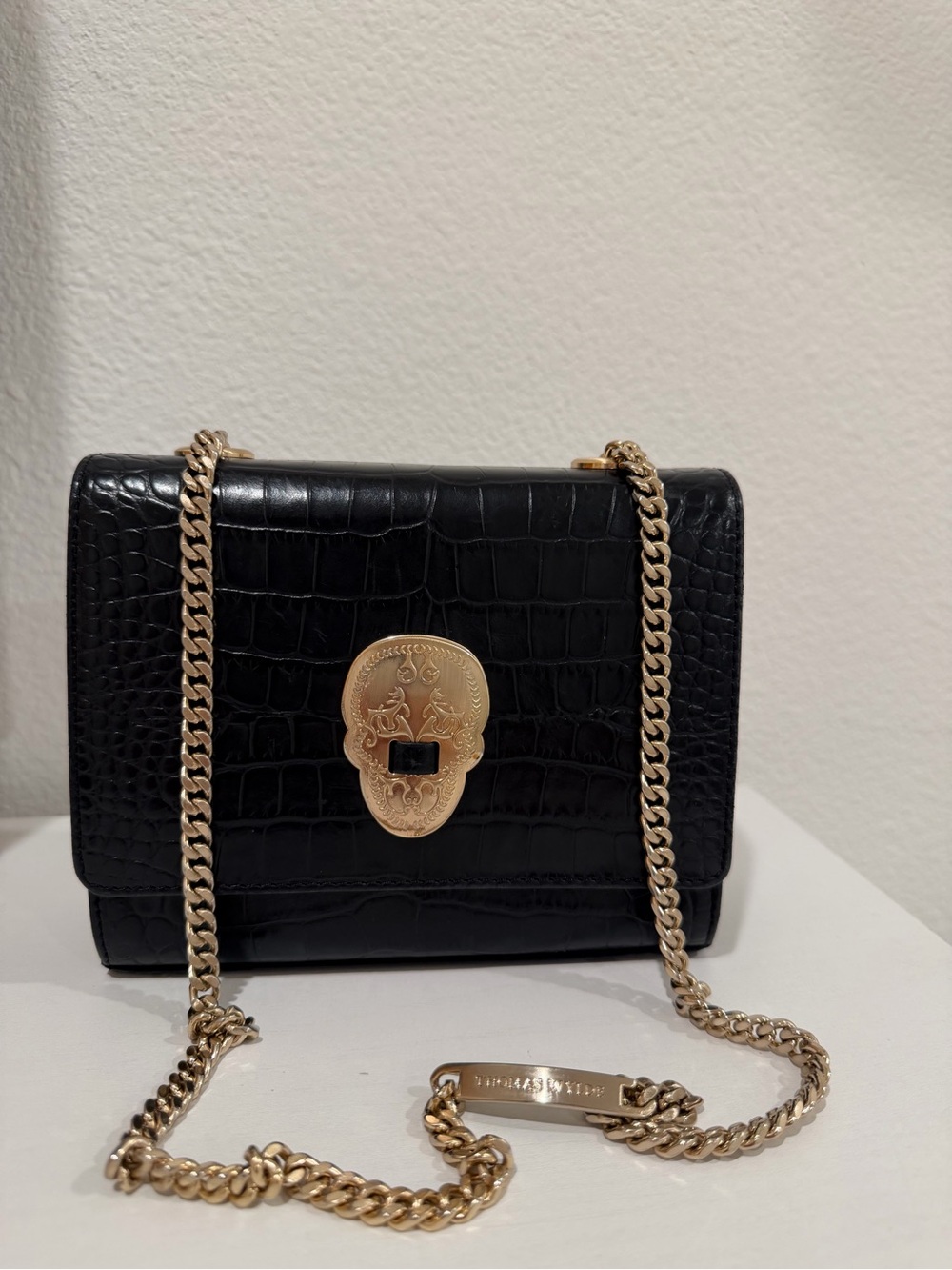 Thomas Wylde Black Real Croc Leather
Shoulder Bag with Gold Hardware